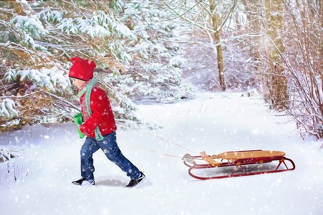 Kid playing with sled in snow