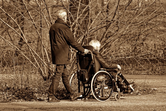 Old man pushing wheelchair
