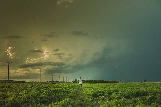 A wide open field with a young teen girl walking away from the camera alone.
